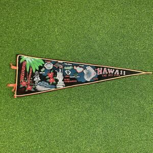 Vintage Hawaii Felt Pennant Map Islands Tiki Travel Souvenir Black Mid Century